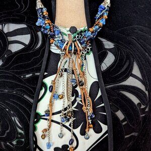 Lapis Beaded Torsade Fringe Bib Necklace Boho Southwest Tribal Ethnic Jewelry